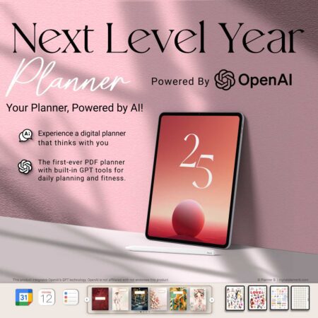 2025 AI Digital Planner in pink with GPT life and fitness coaches, shown on iPad with calendar icons, digital stickers, and OpenAI integration