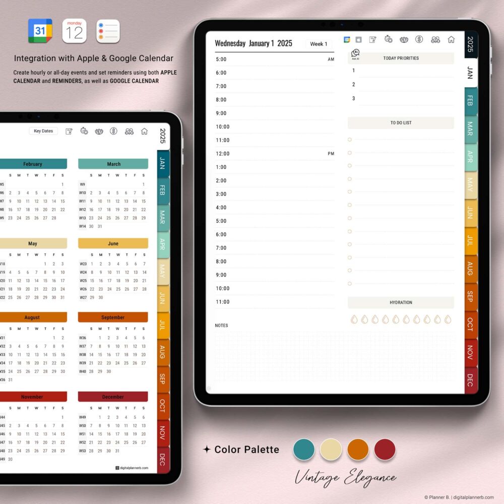 Vintage Elegance color palette used in the 2025 AI Digital Planner – featuring soft blue, mustard, terracotta, and deep red tones for a clean, timeless aesthetic with monthly tabs