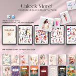 200 digital planner covers and 350+ GoodNotes-compatible stickers included with the 2025 AI Digital Planner – pre-cropped PNGs and drag-and-drop elements