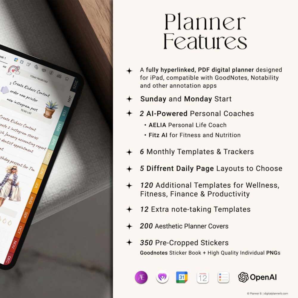 Key features of the 2025 AI-Powered Digital Planner – includes calendar integration, GPT tools, hyperlinked navigation, and multiple layout options