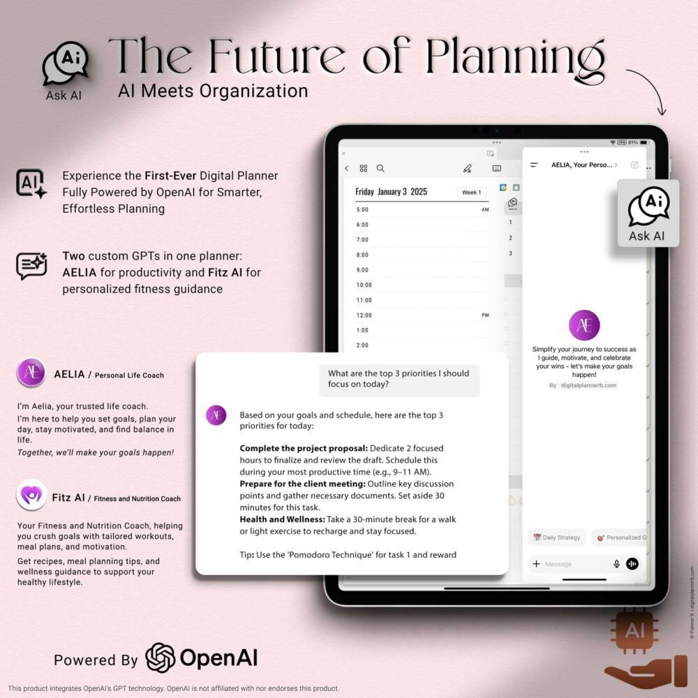 Custom GPTs inside the 2025 Digital Planner – AELIA for life planning and Fitz AI for fitness and nutrition guidance, accessible from daily and wellness pages