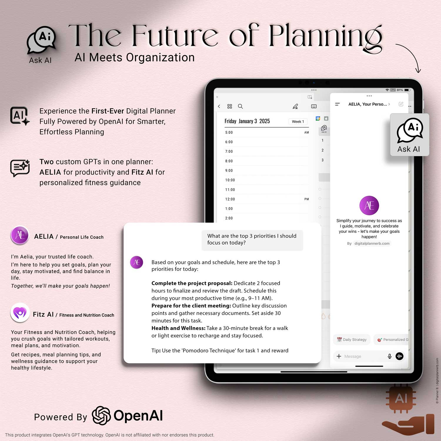 Custom GPTs inside the 2025 Digital Planner – AELIA for life planning and Fitz AI for fitness and nutrition guidance, accessible from daily and wellness pages