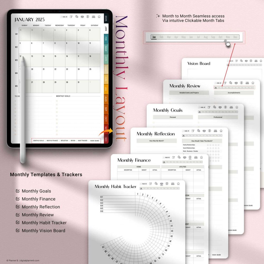 Monthly extras in the 2025 planner – vision board, review, reflection, monthly goals, and finance pages for deeper planning and personal growth