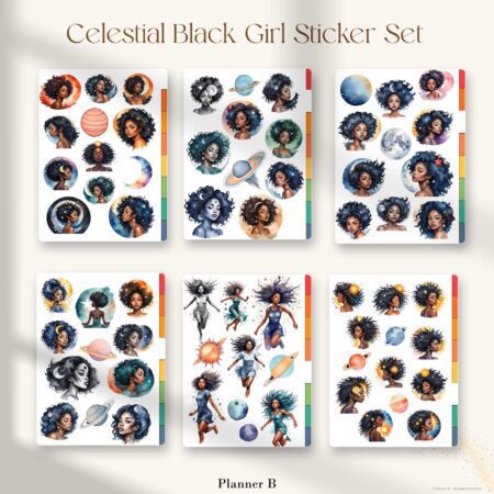 Watercolor illustrations of celestial-themed Black Girl stickers – cosmic and empowering digital art for journaling and digital planning