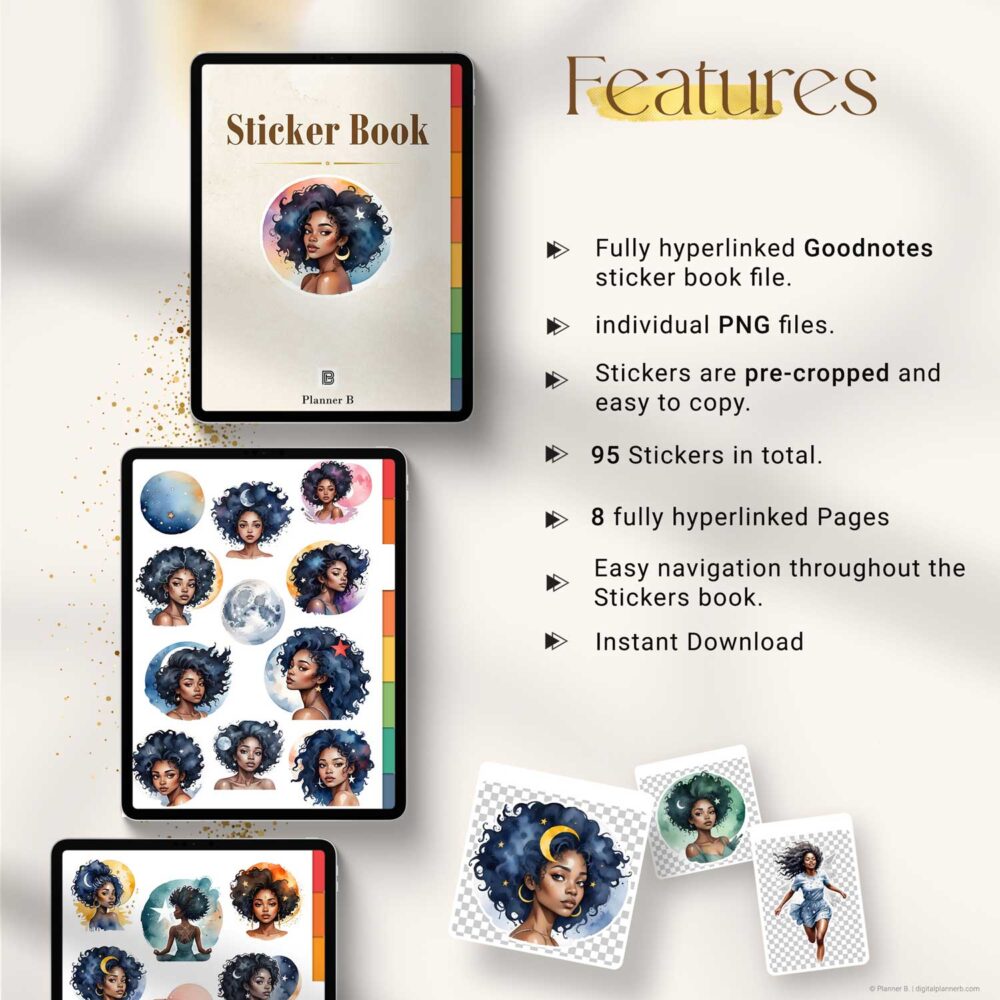 Features overview of Black Girl Celestial Beauties Digital Sticker Set – 95 GoodNotes-compatible PNG stickers with watercolor art for iPad planners and journals