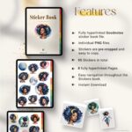Features overview of Black Girl Celestial Beauties Digital Sticker Set – 95 GoodNotes-compatible PNG stickers with watercolor art for iPad planners and journals