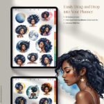 Page preview from the Celestial Beauties GoodNotes Sticker Book – diverse Black women illustrations in aesthetic celestial settings