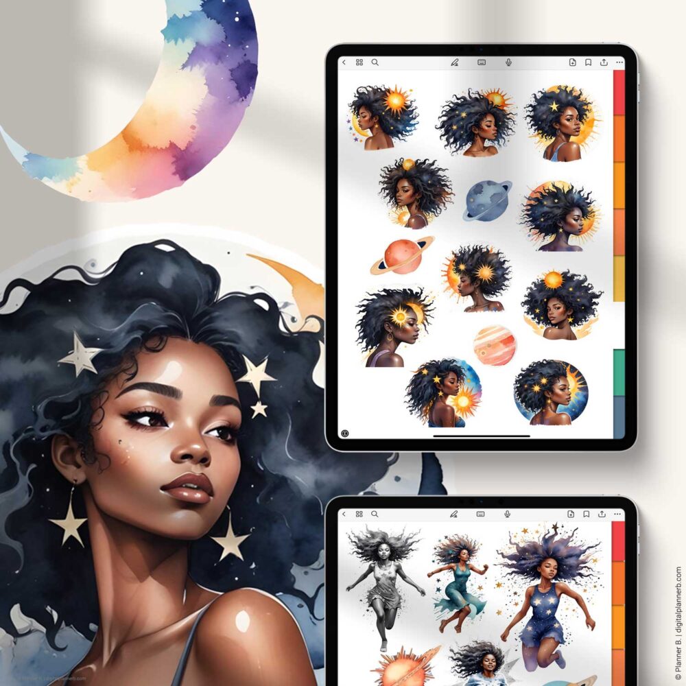 Digital sticker page showcasing afro-futuristic Black Girl designs – part of Celestial Beauties collection for iPad planners