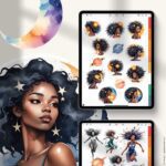 Digital sticker page showcasing afro-futuristic Black Girl designs – part of Celestial Beauties collection for iPad planners