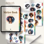 Digital planner sticker page with cosmic Black Girl PNGs in watercolor style – pre-cropped for GoodNotes and journaling apps