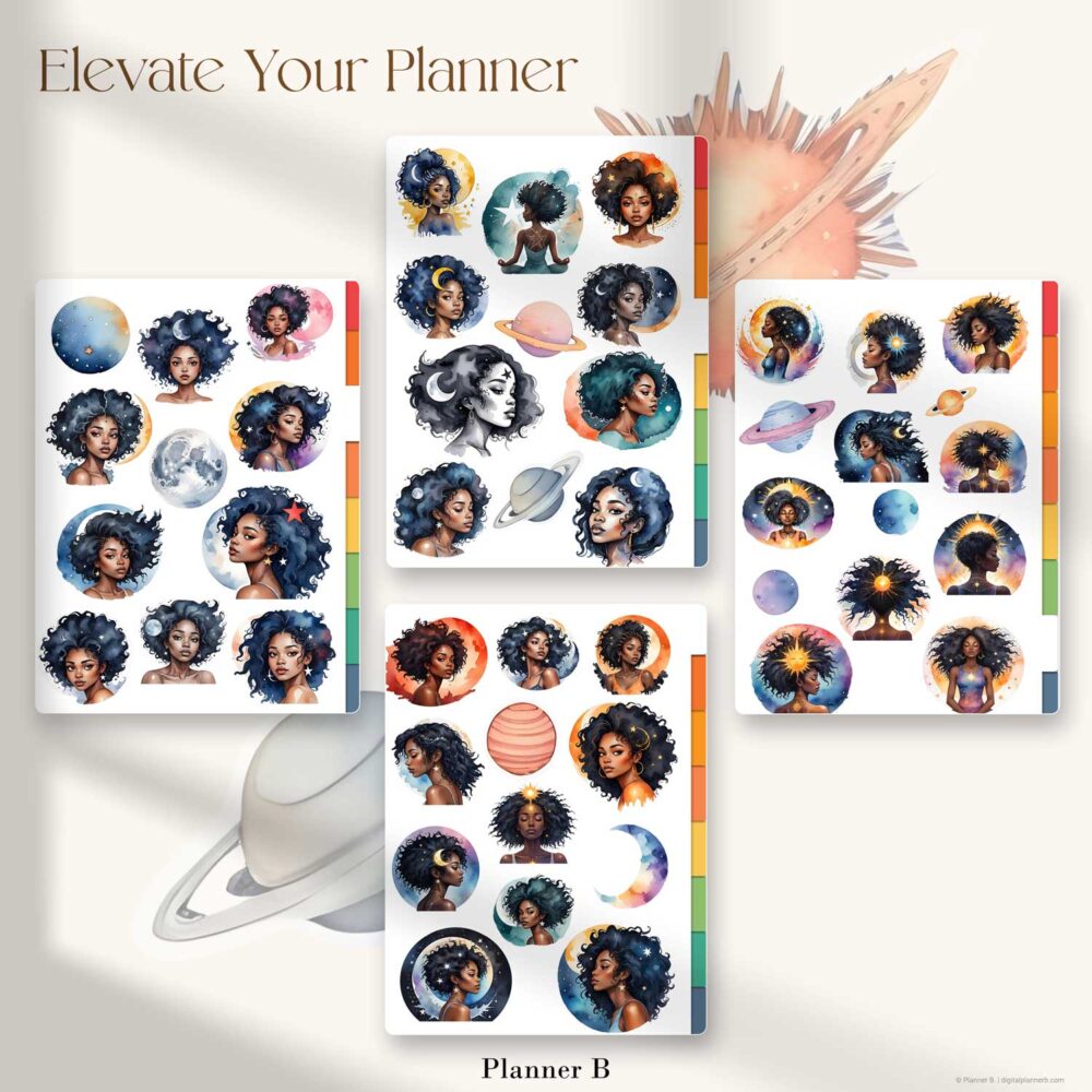 Galaxy-inspired sticker page with Black women illustrations – celestial themes for aesthetic journaling and digital planning