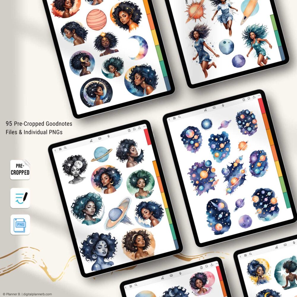 Preview of celestial Black Girl digital stickers arranged in GoodNotes – diverse Afrocentric art for planners and notebooks