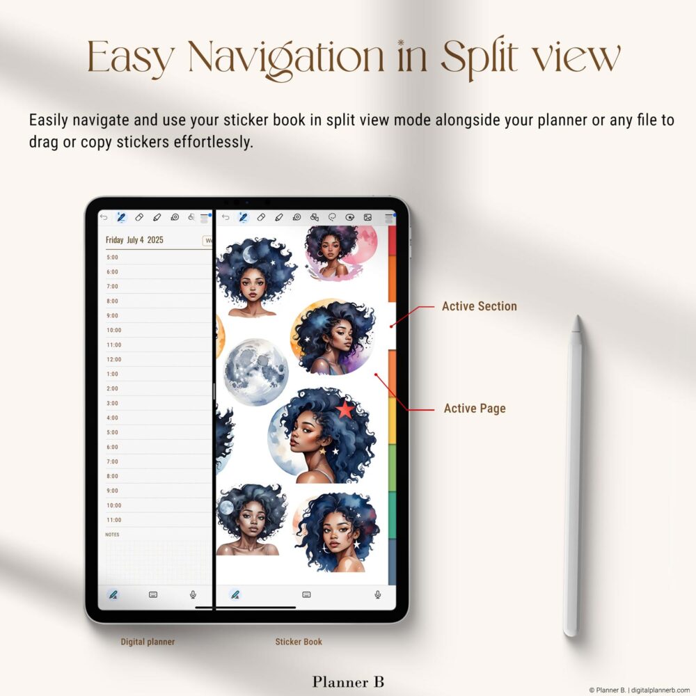 Split-screen view of iPad with Celestial Beauties GoodNotes Sticker Book and digital planner – drag-and-drop sticker usage example
