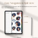 Split-screen view of iPad with Celestial Beauties GoodNotes Sticker Book and digital planner – drag-and-drop sticker usage example