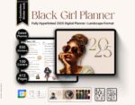 Black Girl Digital Planner 2025 in landscape format displayed on a tablet, showcasing hyperlinked dated planner pages, sticker book, cover designs, and calendar integrations