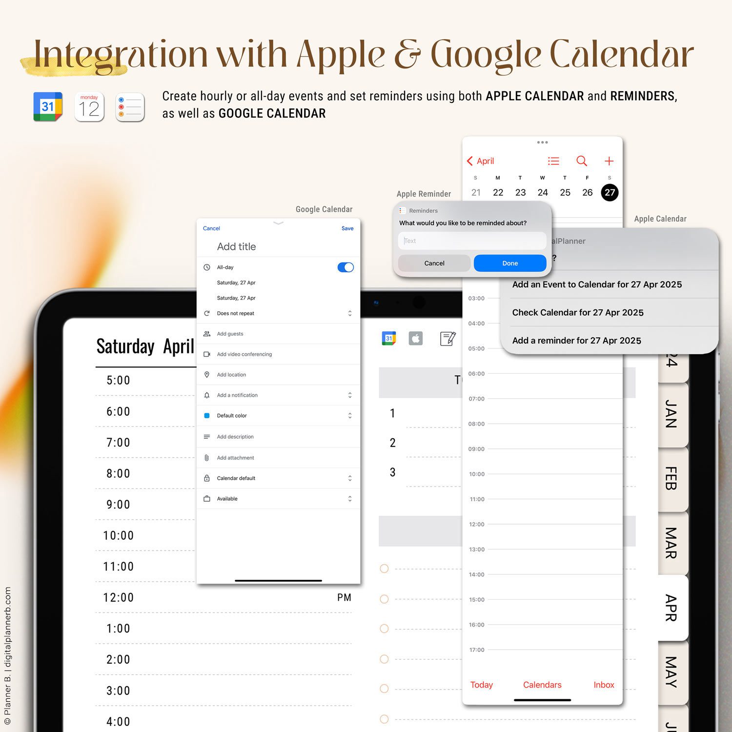 Image showing calendar integration links from the Black Girl Digital Planner 2025, with manual shortcut access to Apple Calendar, Apple Reminders, and Google Calendar from inside the planner