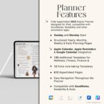 Feature highlights of the Black Girl Digital Planner 2025 landscape edition, showcasing hyperlinked navigation, Apple Calendar integration, and 350 GoodNotes stickers