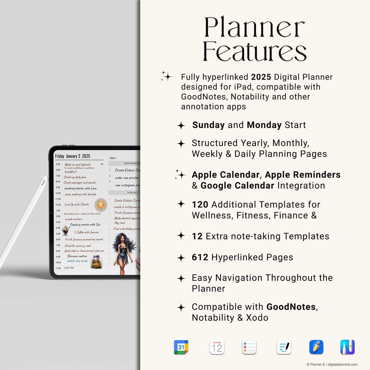Feature highlights of the Black Girl Digital Planner 2025 landscape edition, showcasing hyperlinked navigation, Apple Calendar integration, and 350 GoodNotes stickers