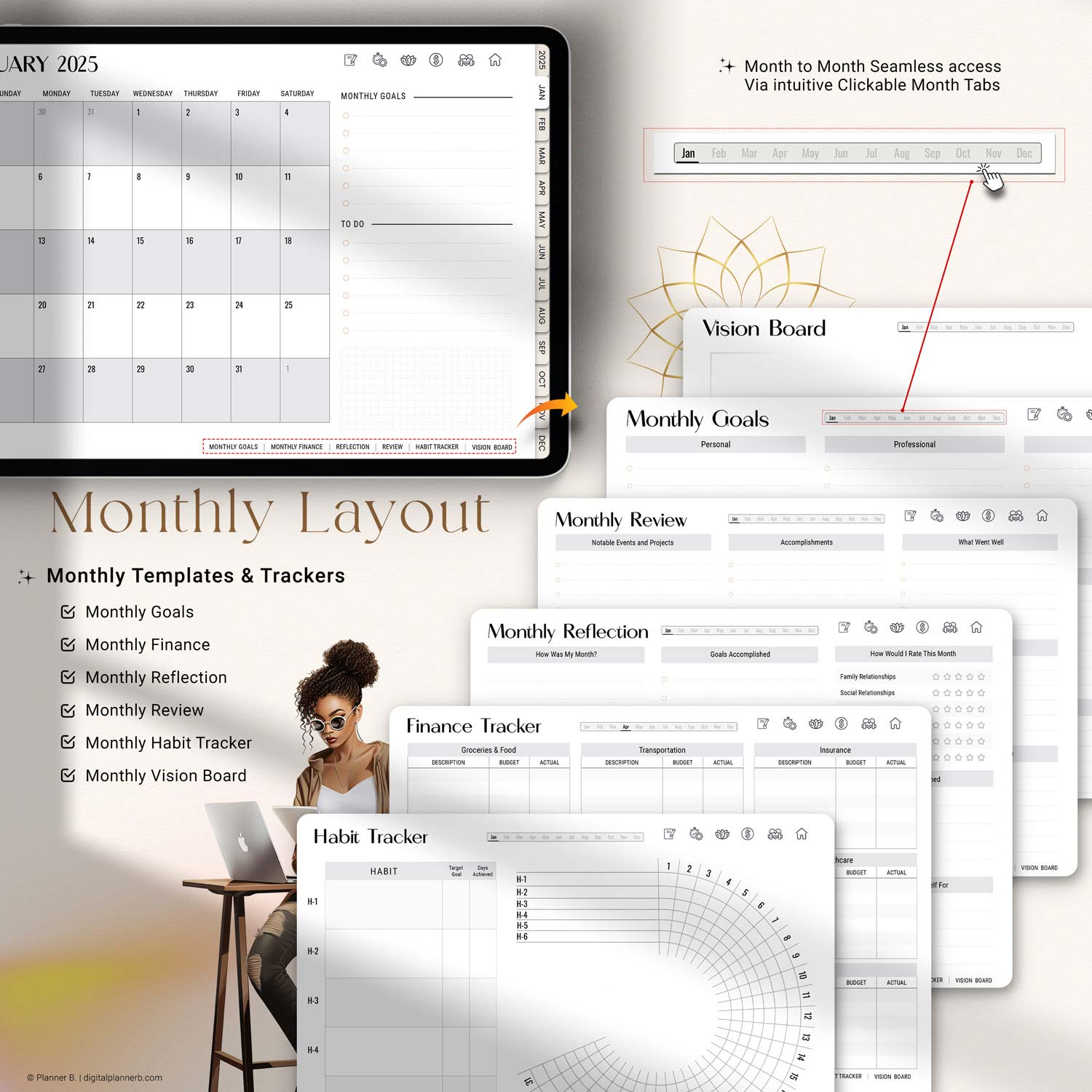 Monthly planning tools in the 2025 Black Girl Digital Planner, featuring vision board, review, and reflection pages in a landscape layout