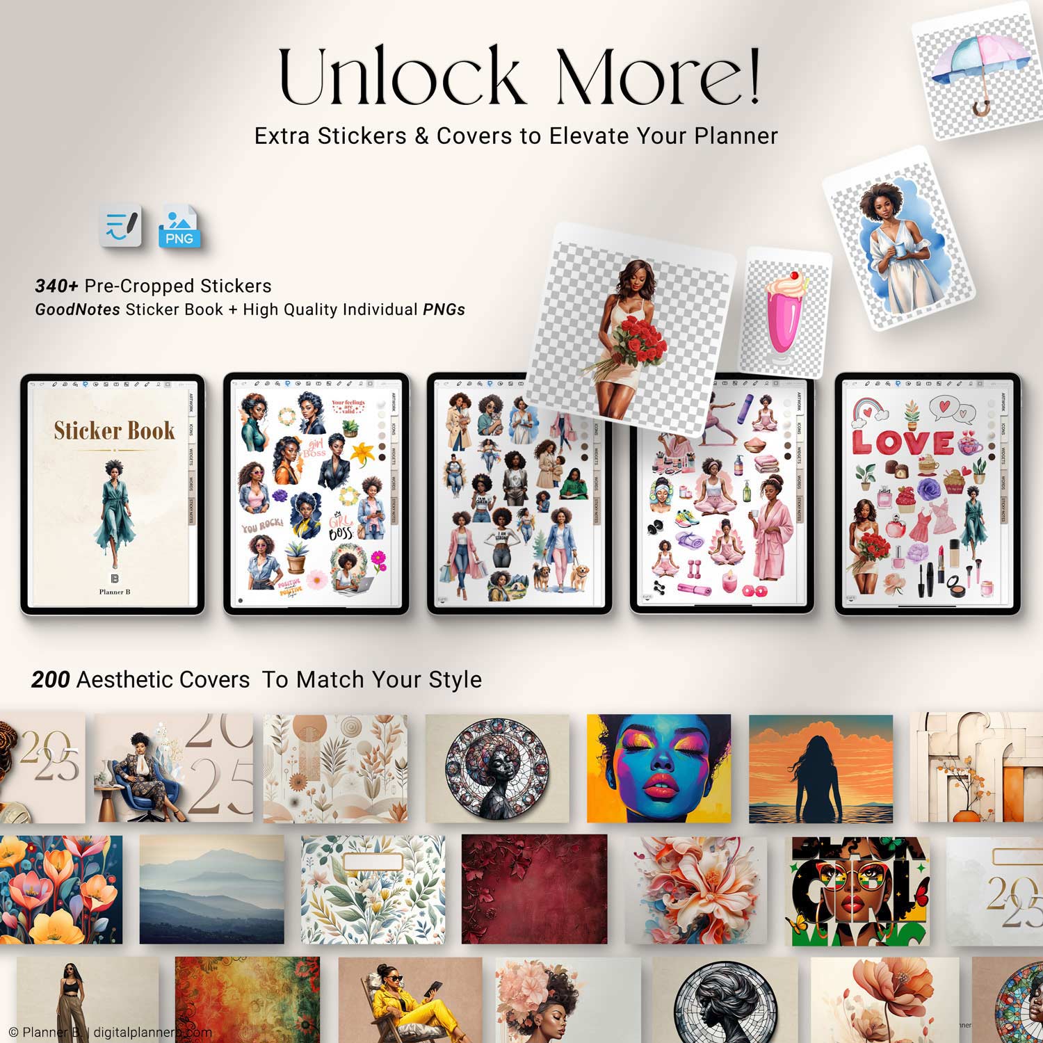 Digital sticker book and 100 customizable covers included with the Black Girl Digital Planner 2025, designed for GoodNotes and other annotation apps