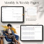 Black Girl Digital Planner 2025 in landscape format displayed on a tablet, showcasing hyperlinked dated planner pages, sticker book, cover designs, and calendar integrations
