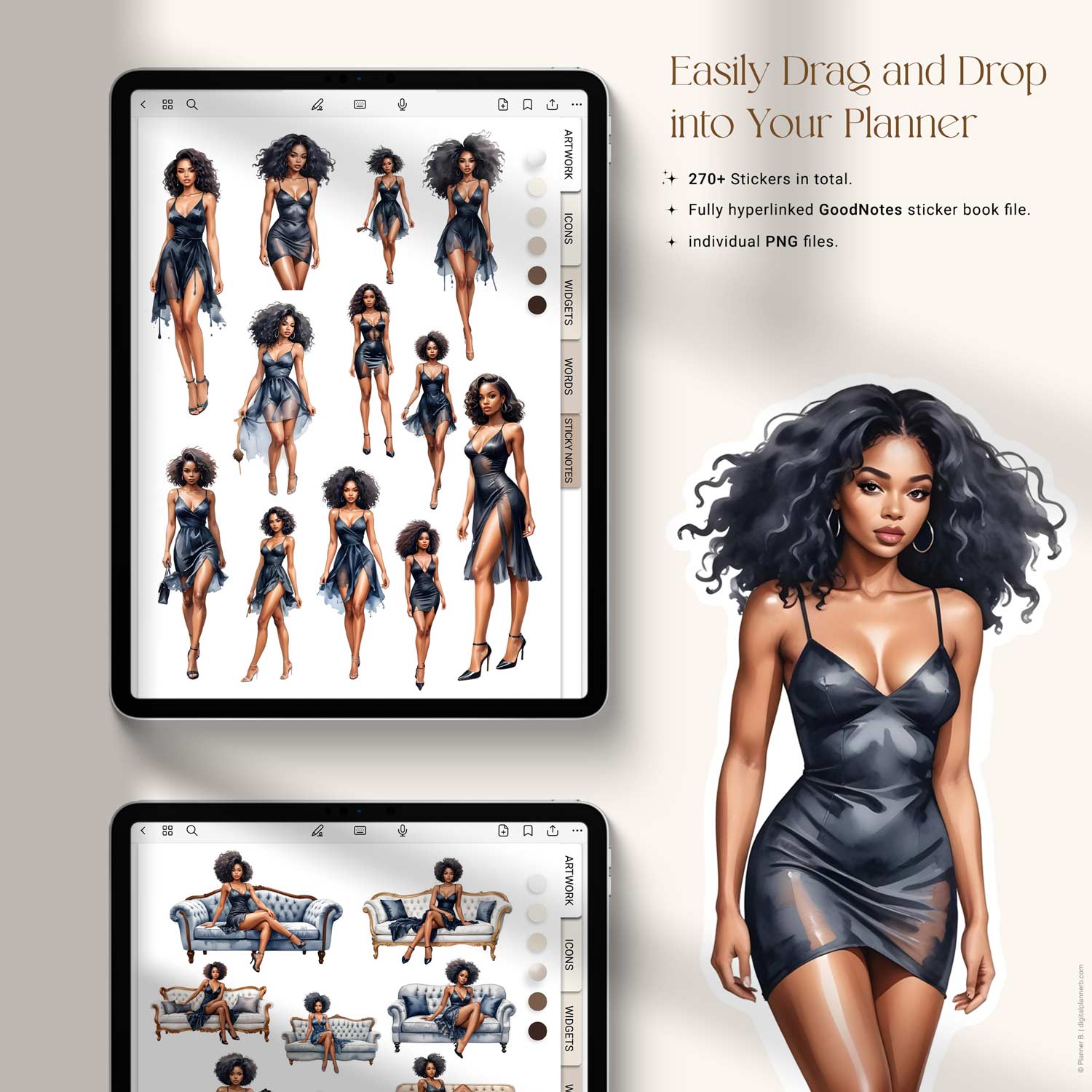 Preview 2 of Black Girl Sticker Book artwork page featuring multiple illustrated Black girls in elegant dresses for digital journaling and planners