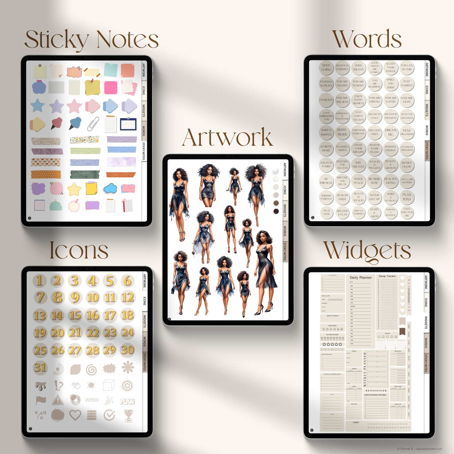Organized view of the Bold Beauty Black Girl Sticker Book showing labeled tabs for sticker categories and PNG folder organization for easy use