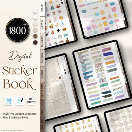 Digital Sticker Book preview showing over 1800 pre-cropped GoodNotes stickers across multiple iPad screens, organized by icons, washi tapes, widgets, sticky notes, and decorative elements