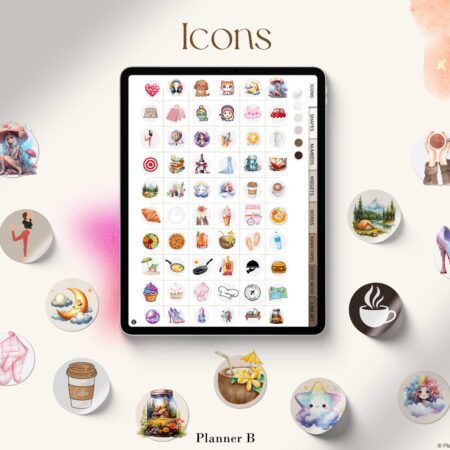 Digital icon stickers organized by theme, including food, travel, work, and lifestyle, designed for GoodNotes and digital planners