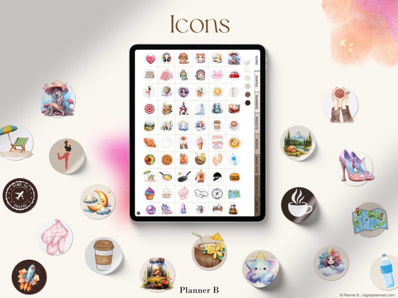Digital icon stickers organized by theme, including food, travel, work, and lifestyle, designed for GoodNotes and digital planners