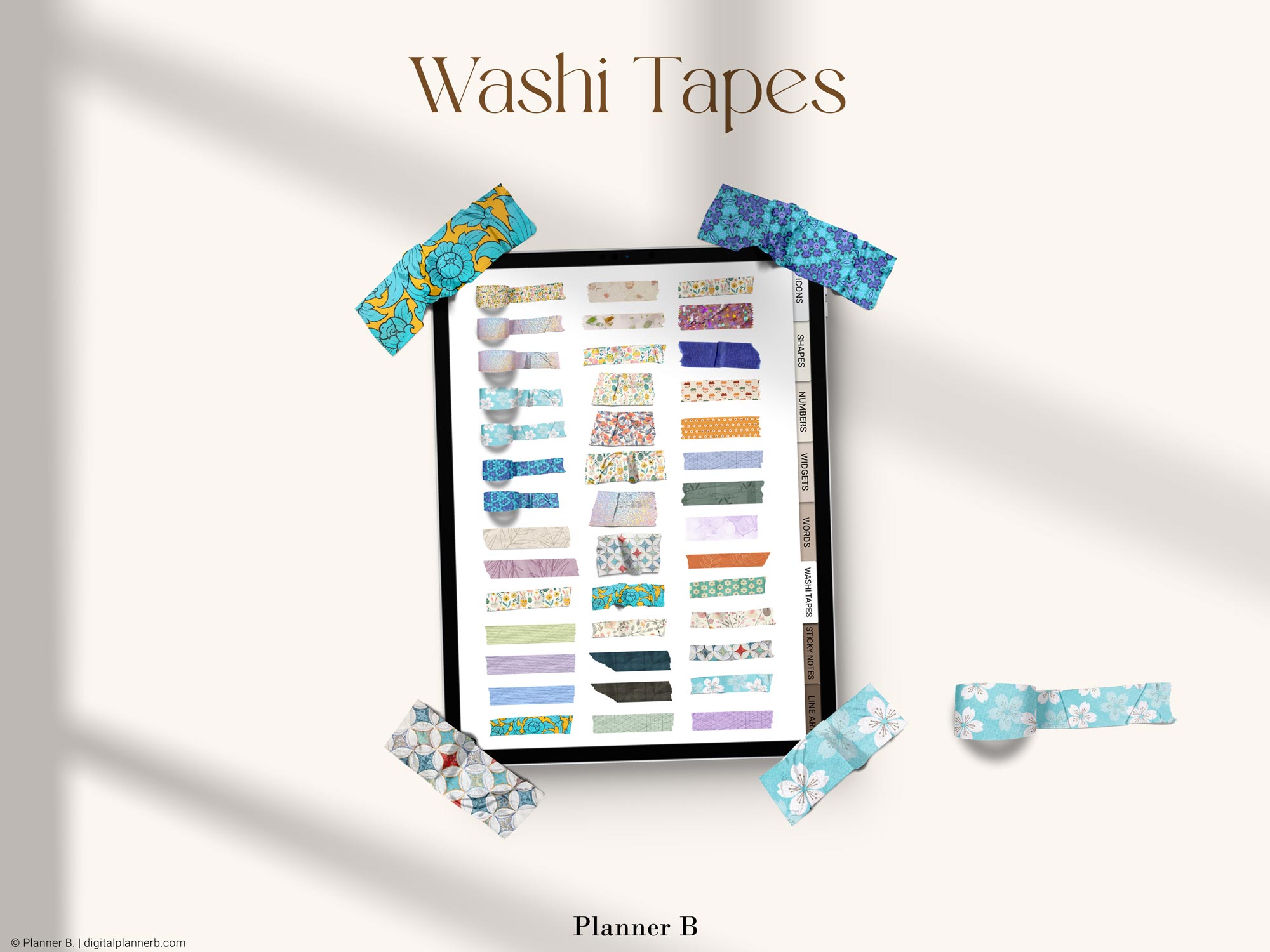 Digital washi tape stickers in assorted patterns and colors organized on a digital sticker book page for GoodNotes and PNG use