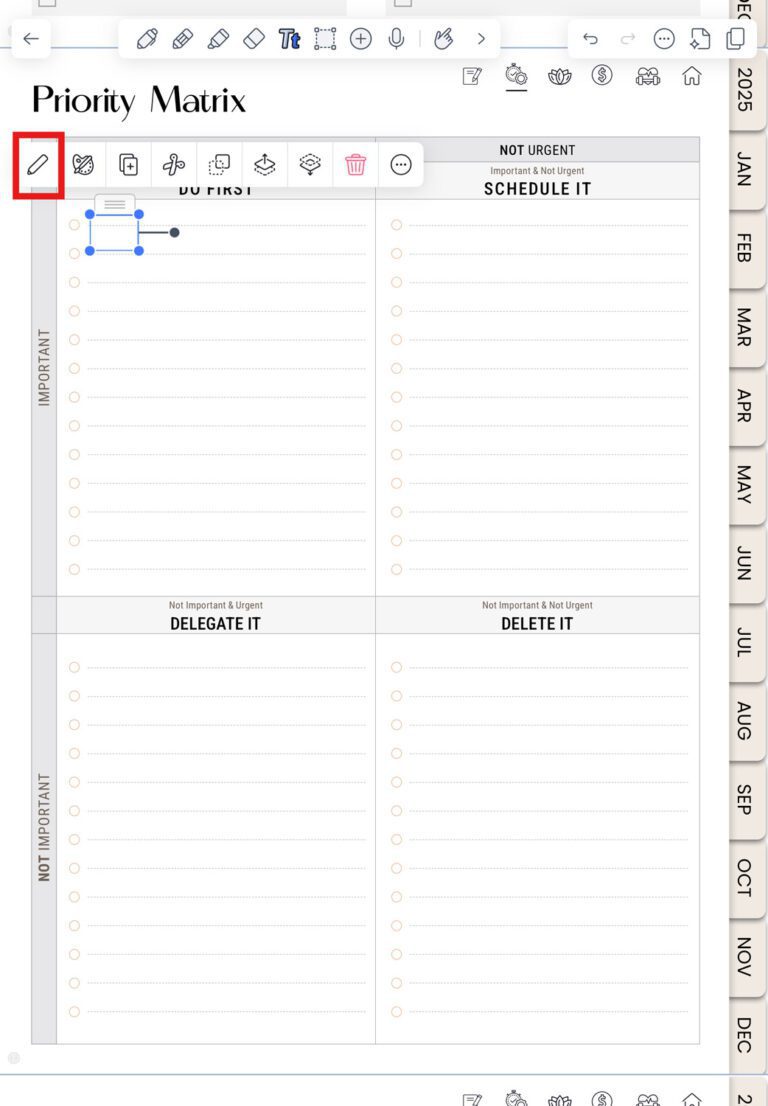 select pencil tool to start writing in your planner inside Notability