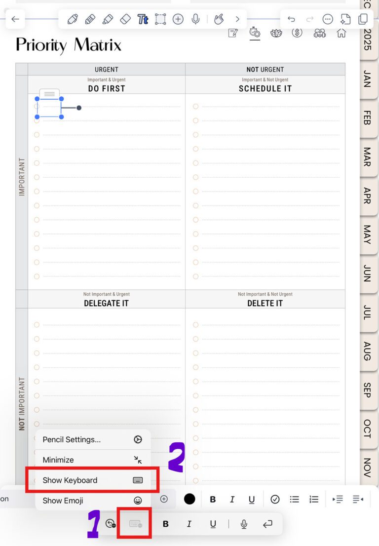 how to open and use keyboard tool in your planner in Notability