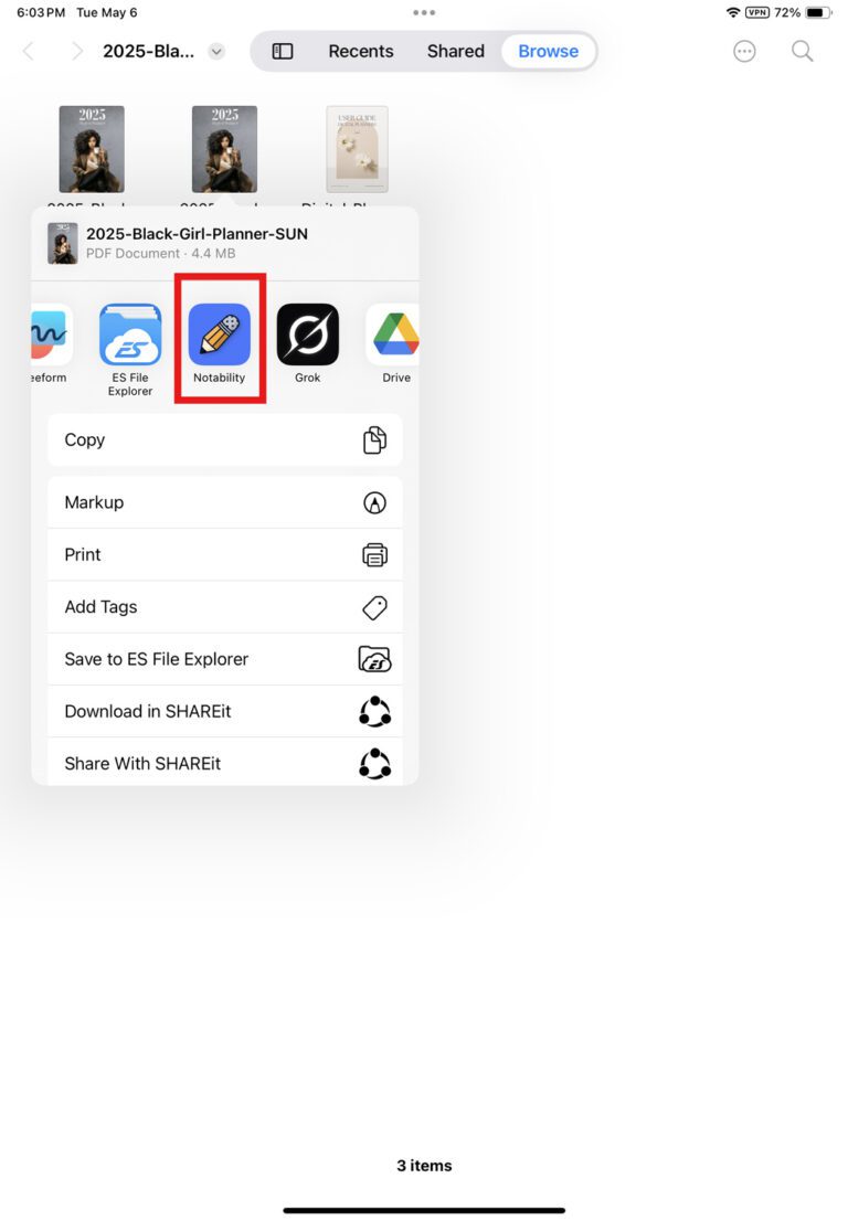 Selecting Notability as the app to import your digital planner