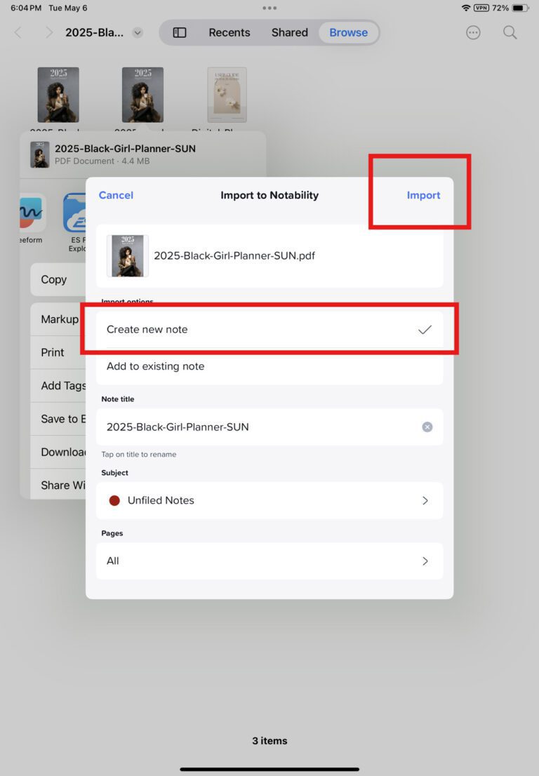 Choosing 'Create New Note' while importing planner in Notability