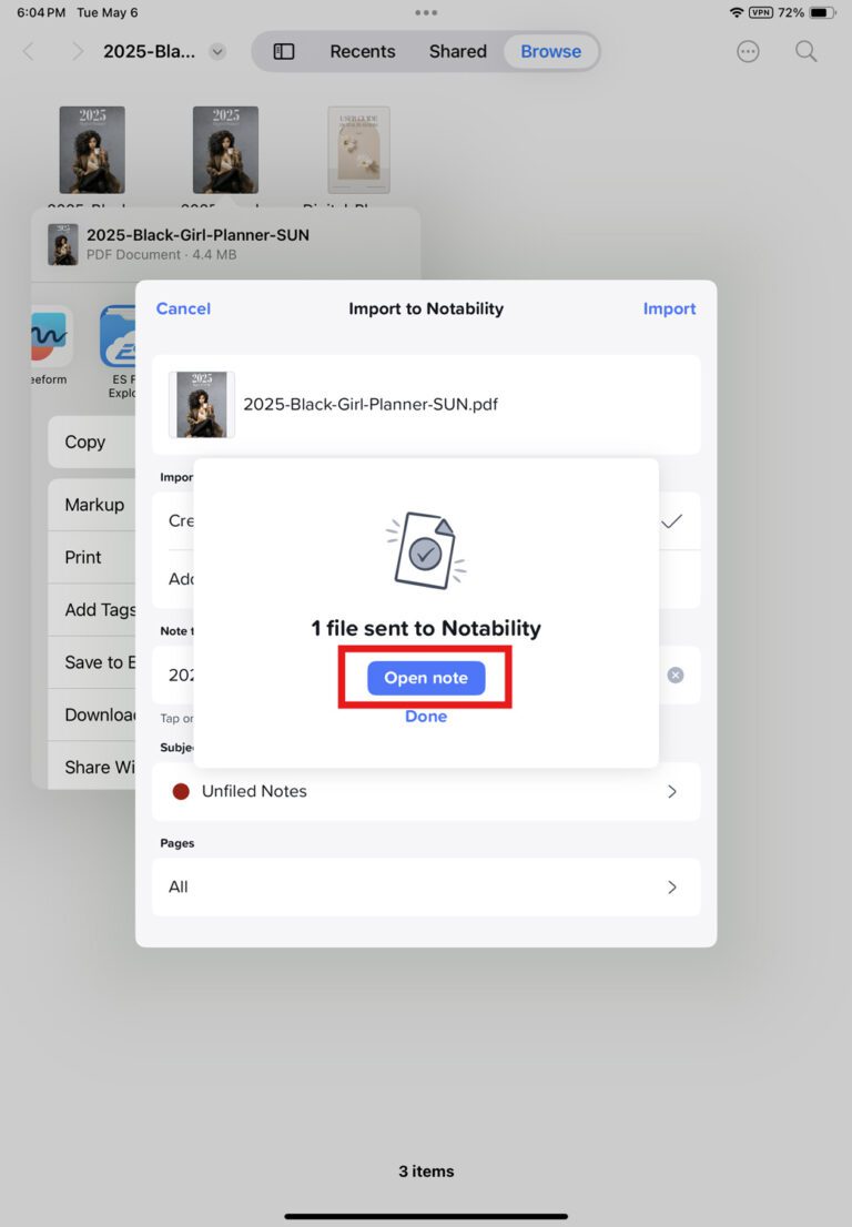 Confirmation that planner file is sent and opened in Notability by clicking open note