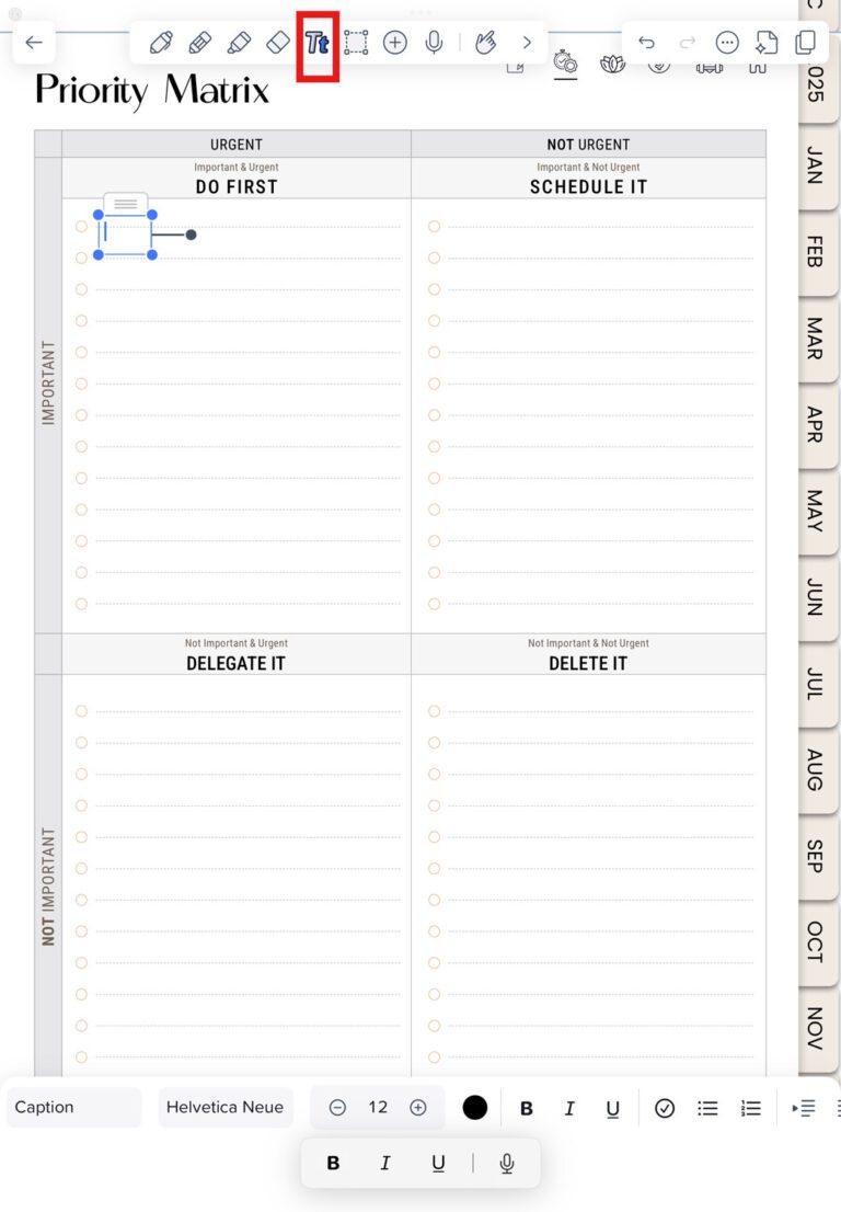 select type tool in Notability to edit your planner