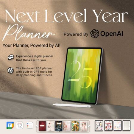 2025 AI digital planner with built-in GPT and ChatGPT-powered coaching tools for life organization, fitness tracking, and productivity, fully hyperlinked for GoodNotes and iPad use