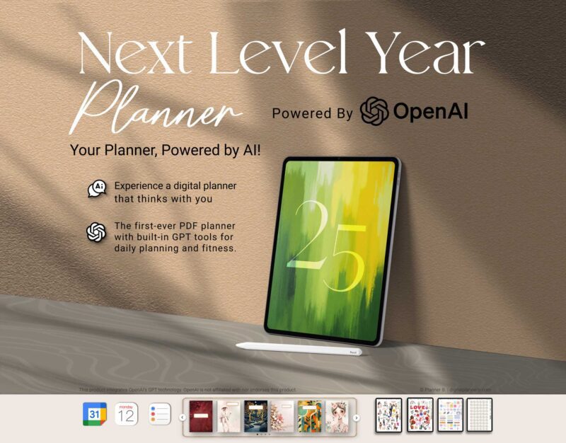 2025 AI digital planner with built-in GPT and ChatGPT-powered coaching tools for life organization, fitness tracking, and productivity, fully hyperlinked for GoodNotes and iPad use