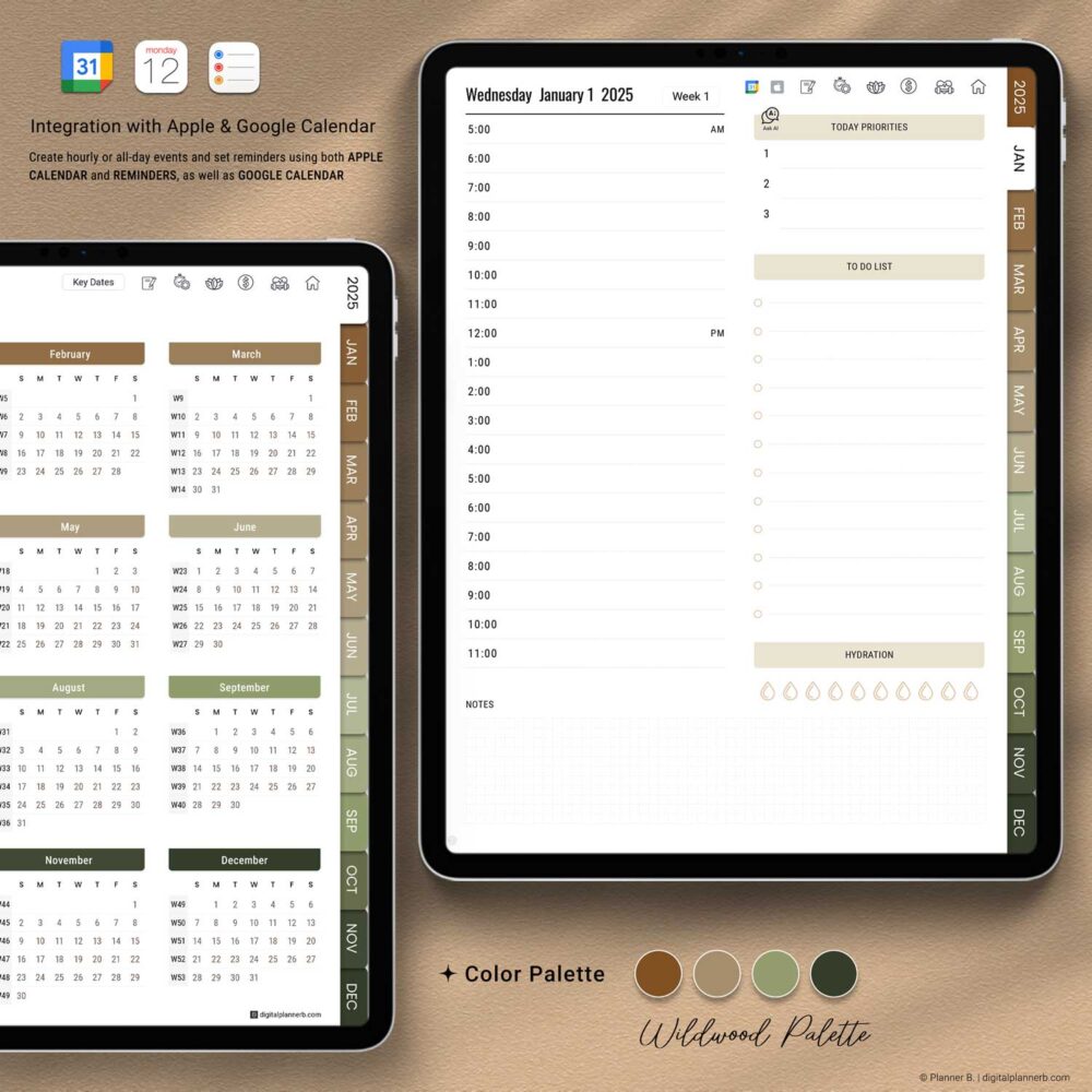 Earth tone color palette used in the 2025 AI Digital Planner, featuring Burnt Sienna, Desert Taupe, Sage Green, and Deep Forest Green for a grounded and calming visual aesthetic
