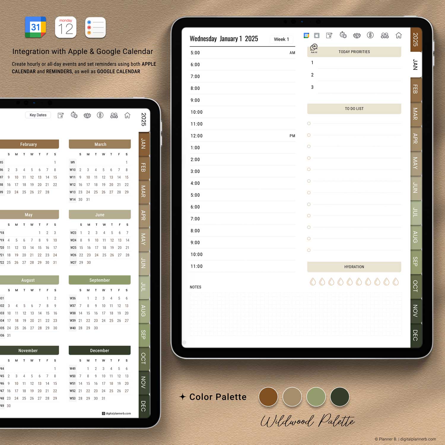 Earth tone color palette used in the 2025 AI Digital Planner, featuring Burnt Sienna, Desert Taupe, Sage Green, and Deep Forest Green for a grounded and calming visual aesthetic