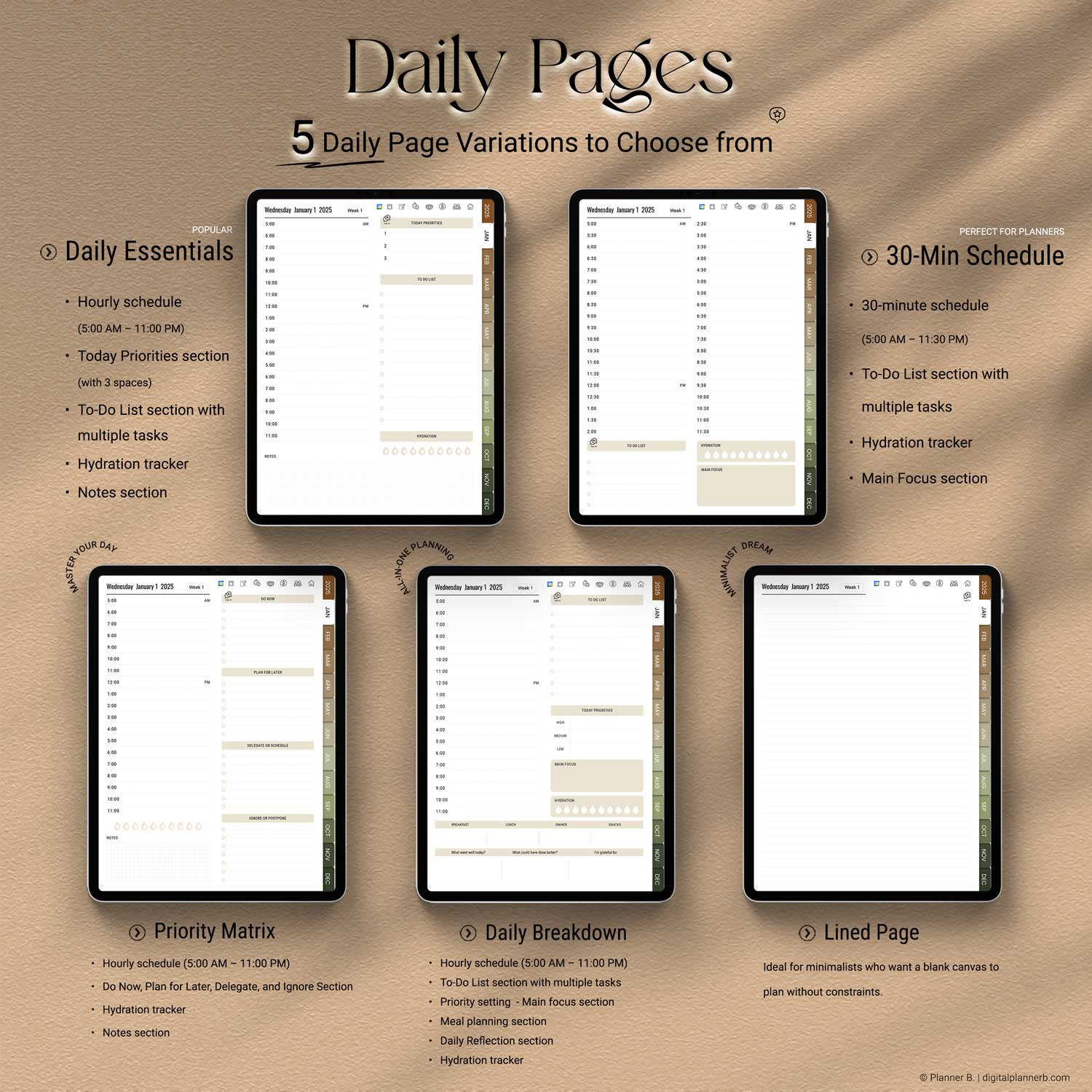 Daily page layouts from the 2025 AI Digital Planner showing multiple styles for productivity, time-blocking, journaling, and task prioritization