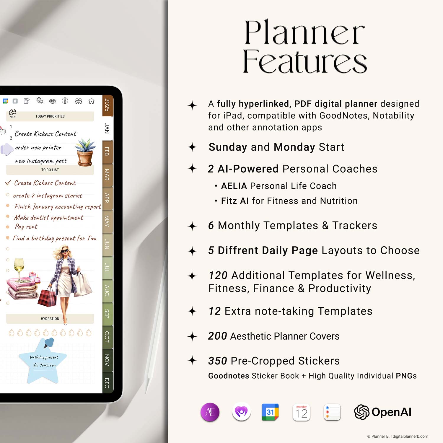 Overview of features included in the 2025 AI Digital Planner, showcasing 5 daily layouts, hyperlinked pages, stickers, covers, and calendar integration