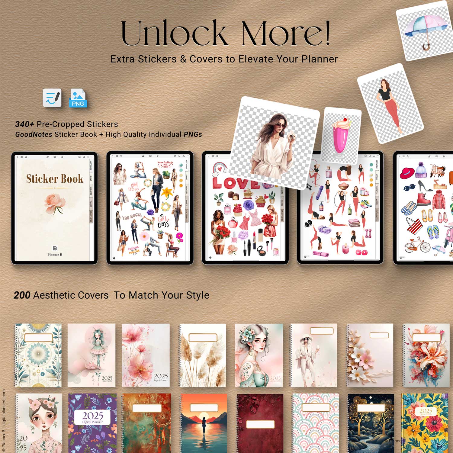 350+ pre-cropped digital planner stickers and 200 digital cover designs included with the 2025 AI Digital Planner for customization and creativity