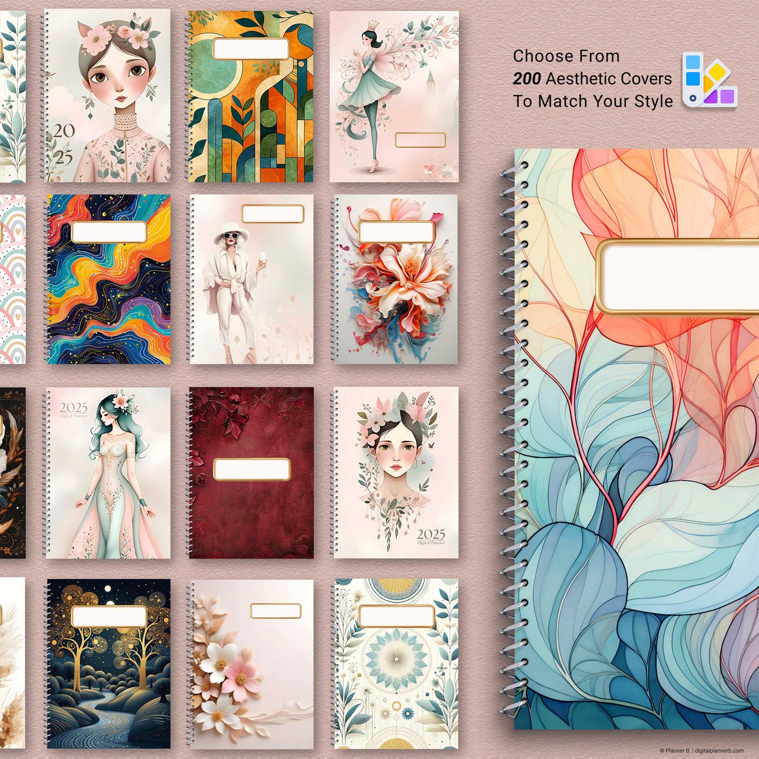 200 digital planner covers included in the 2025 AI planner bundle, offering elegant and creative styles for personalization