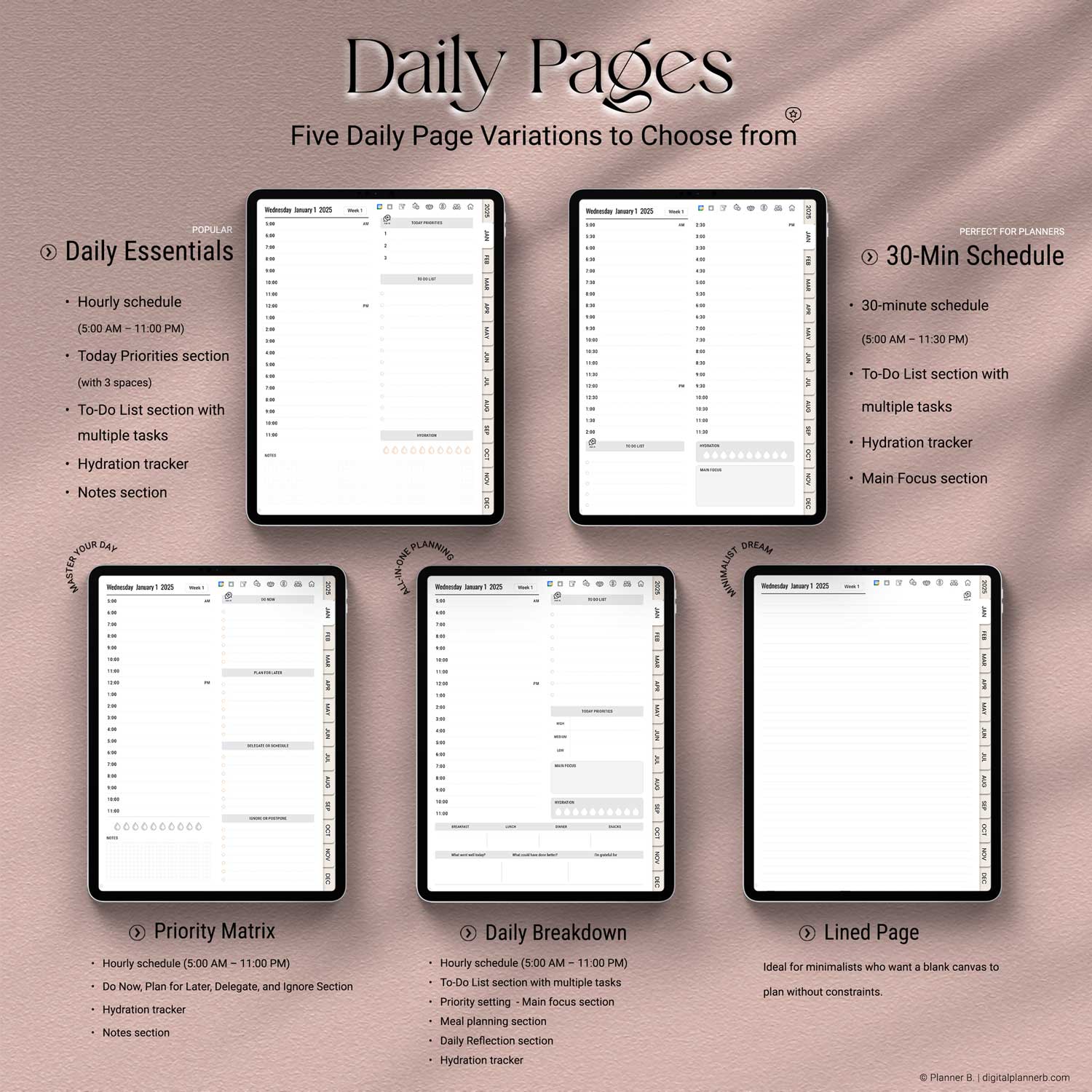 Five unique daily layout options in the 2025 AI digital planner including time blocking, priority matrix, journaling, and checklist formats