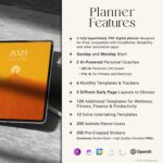 Overview of core features in the 2025 AI digital planner including GPT tools, hyperlinked pages, calendar integration, stickers, and covers