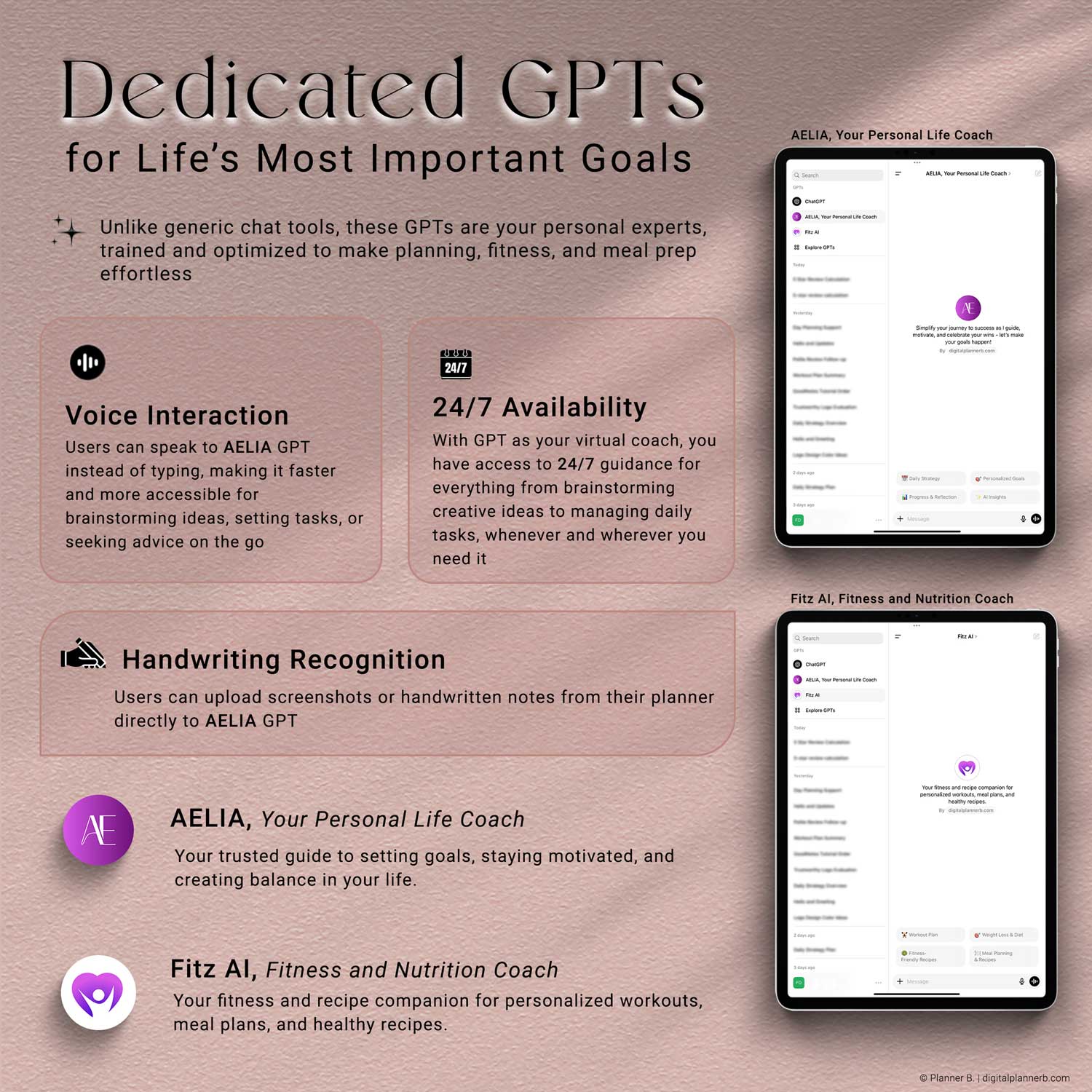 Highlight of built-in GPT features in the 2025 AI digital planner, showcasing ChatGPT-powered tools for productivity, fitness, and habit tracking