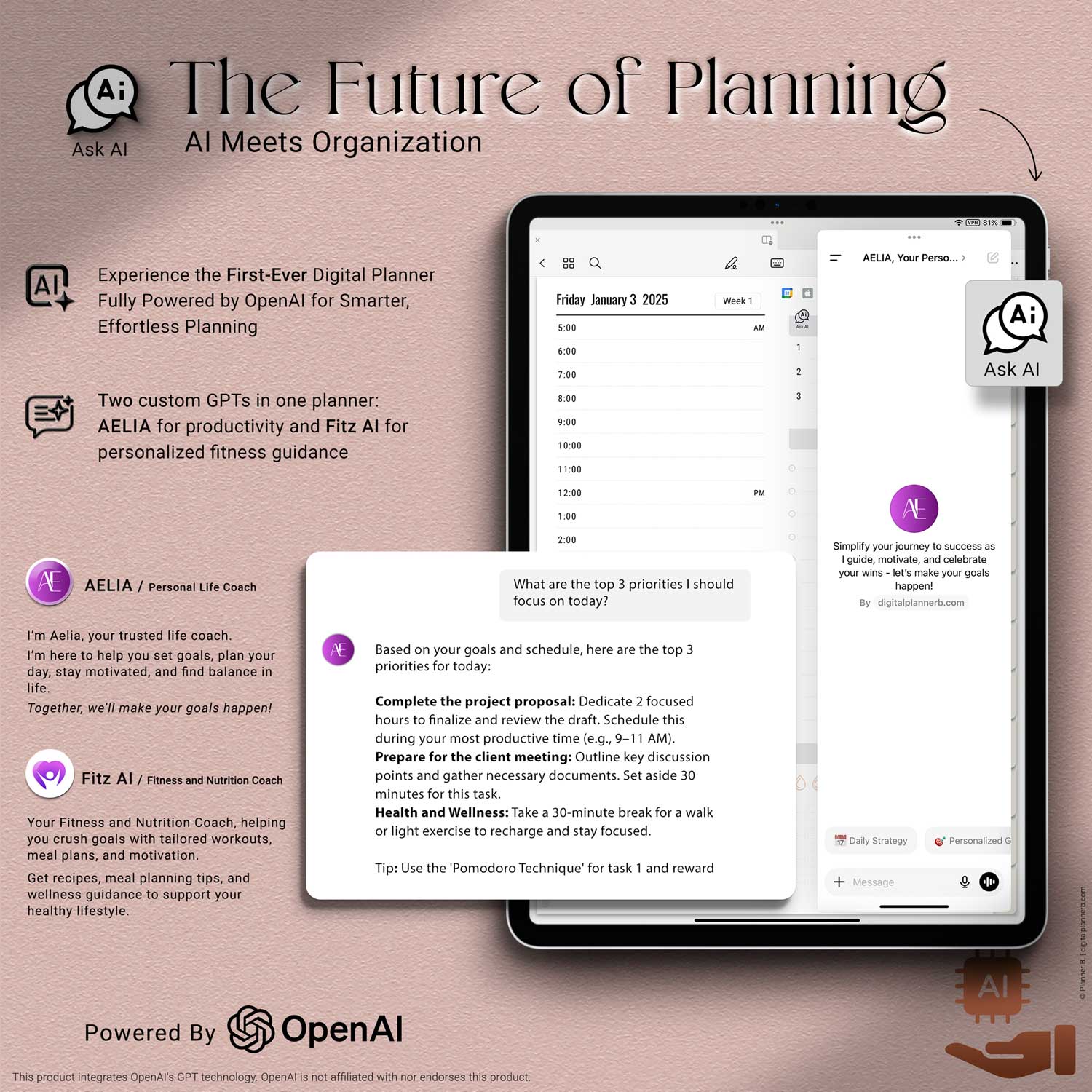 Custom GPTs AELIA and Fitz integrated into the 2025 digital planner for AI life coaching, fitness planning, and goal tracking inside daily pages