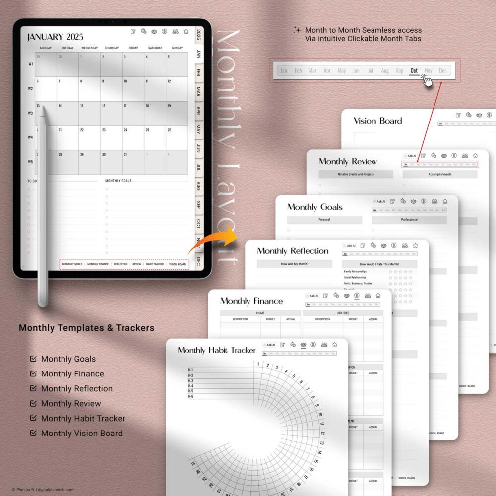 Monthly productivity templates in the 2025 AI planner including goal setting, vision boards, reflections, reviews, and tracker pages